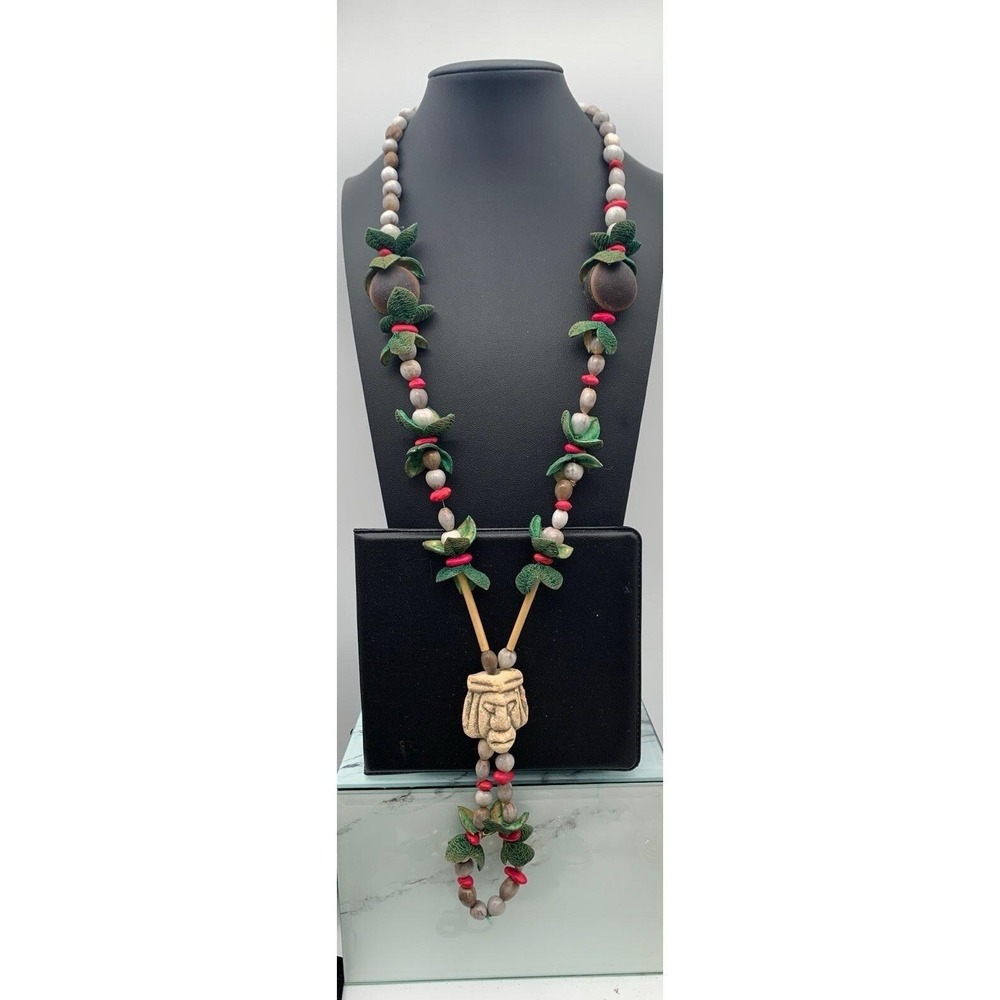 Vintage Artisan Natural Materials Tribal Aztec Pendant Necklace 26"‎ Opening